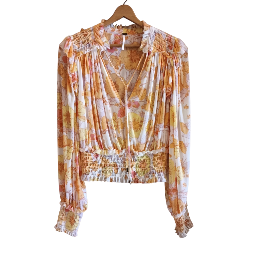 Free People Floral Smocked Blouse - Orange and White